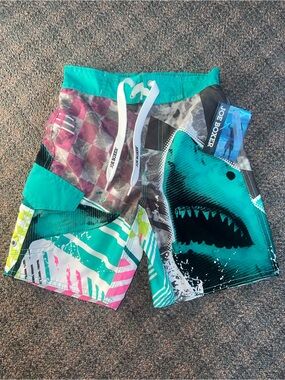 Joe Boxer Teal Shark Print Boys Swim Trunks NWT